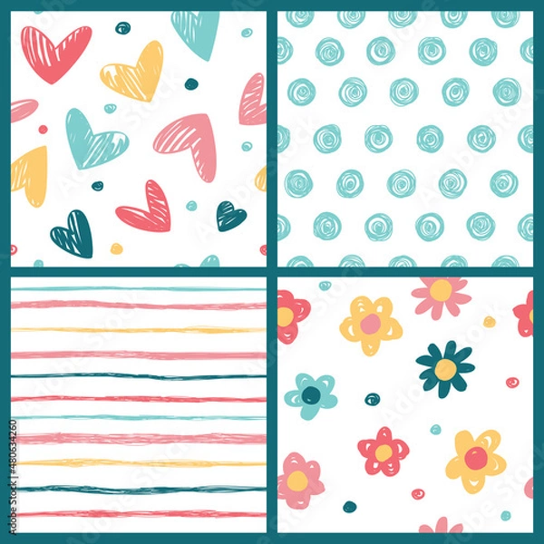 Fototapeta Set of seamless backgrounds with hearts, stripes, flowers and polka dots.
