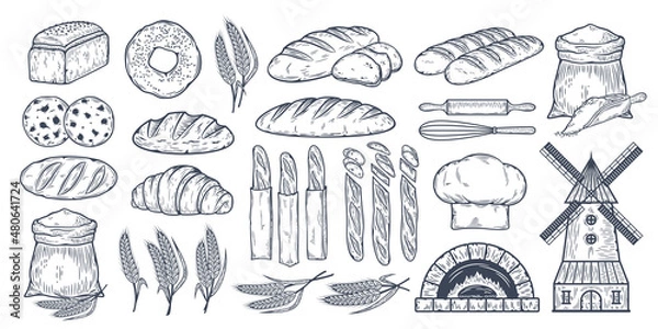 Fototapeta Vector hand-drawn bread and bakery design illustrations, food sketches, vector icons