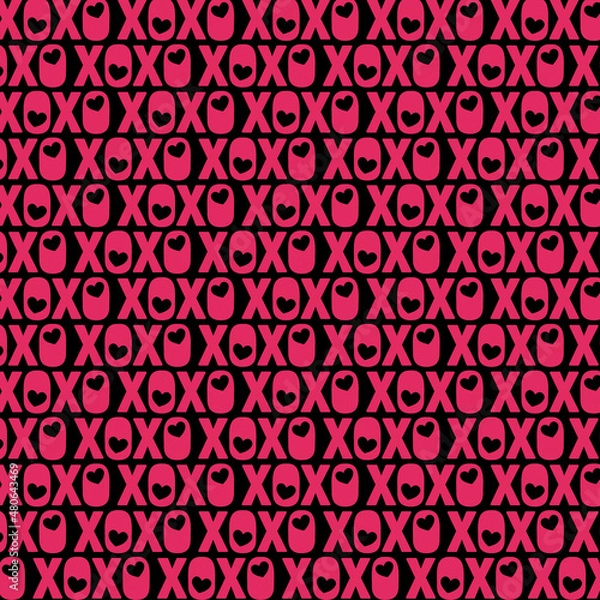 Obraz Hand drawn vector seamless pattern with XOXO on red background. Hipster symbols of hugs and kisses. Good for cards, wallpaper, posters, wrapping paper, Valentine's invitations	