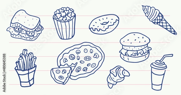 Obraz Fast Food Set in Doodle style. Hand drawn Illustration. Isolated vector.