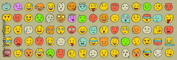Fototapeta Emoji collection. Hand drawn 80 vector icons with different characters