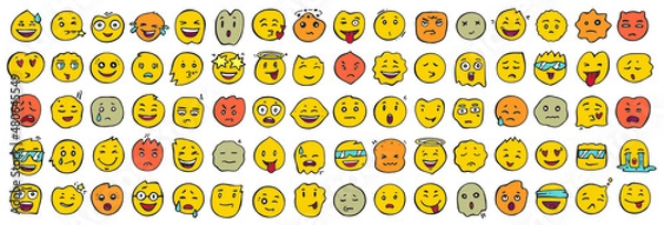 Obraz Emoji collection. Hand drawn 80 vector icons with different characters