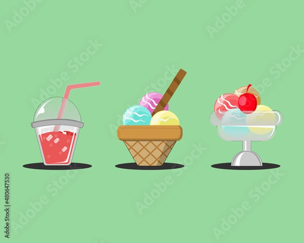Fototapeta FLAT ILLUSTRATION ICE CREAM AND ICE DRINK FOR DECORATION, COMPONENT, ELEMENT AND DOODLE STIKER 