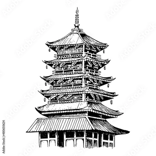 Fototapeta hand drawn illustration of japanese pagoda, buddhist temple structure, illustrated in engraved style, isolated on white background