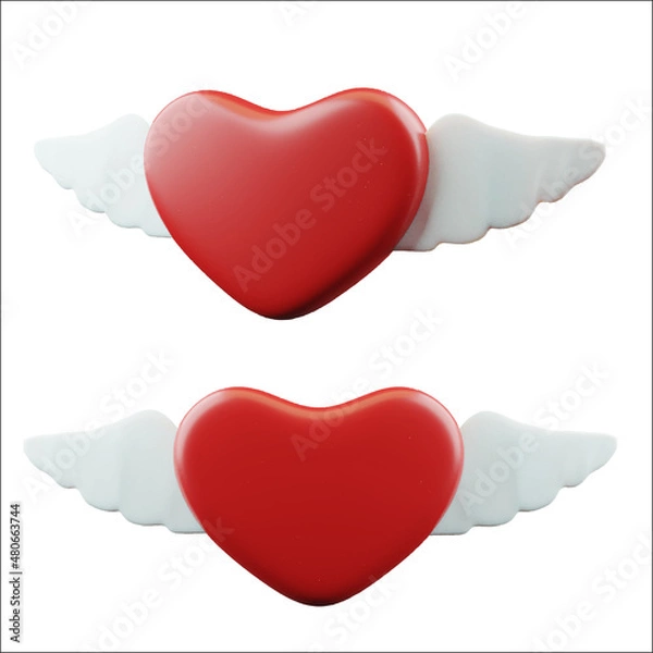 Fototapeta Set of Red realistic hearts with wings. Happy symbol of Valentine's Day, object of romantic love.