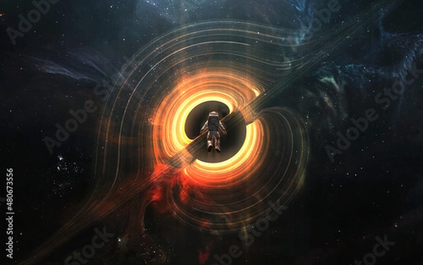 Obraz Astronaut looks at black hole and event horizon. 5K realistic science fiction art. Elements of image provided by Nasa