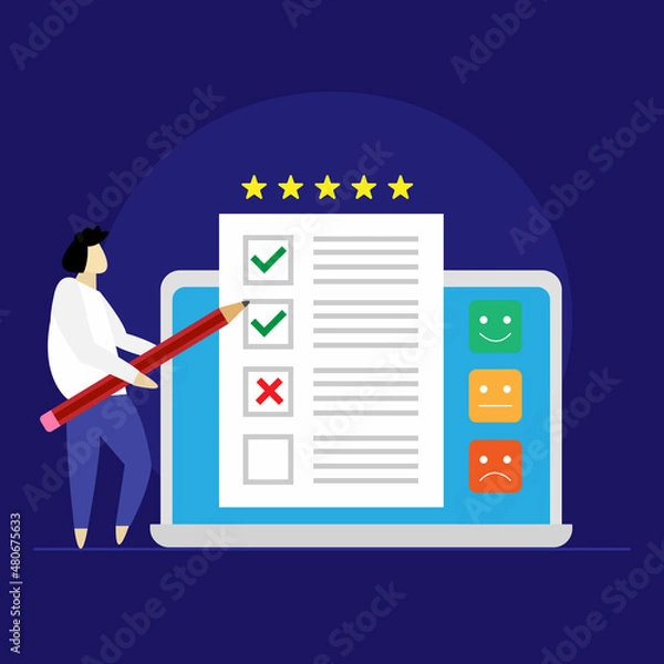 Fototapeta Online survey form. Man putting check mark on checklist. CRM, Customer experience, feedback and satisfaction concept