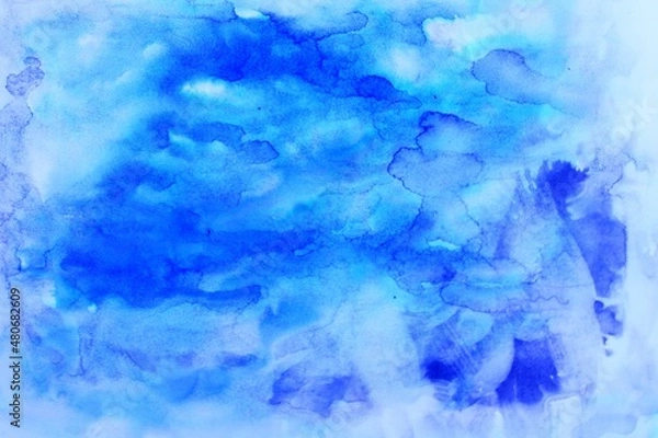 Fototapeta blue watercolor background. Transparent lines and spots. Paint leaks and ombre effects. Abstract hand-painted image.