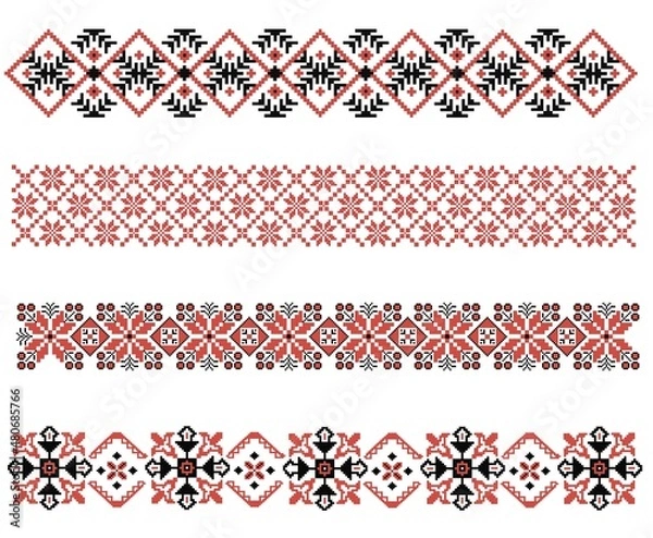 Fototapeta Set of Ukrainian ethnic seamless pattern red and black. Border element.Traditional Ukrainian,Belarusian ornament.