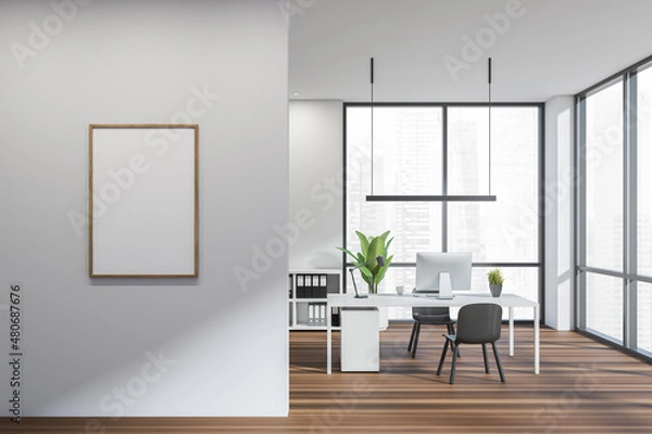 Fototapeta Empty canvas with white wall next to office desk
