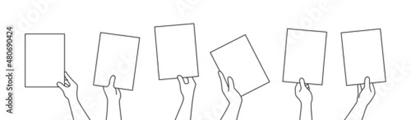 Fototapeta Hands holding blank paper sheet outline style set vector illustration isolated