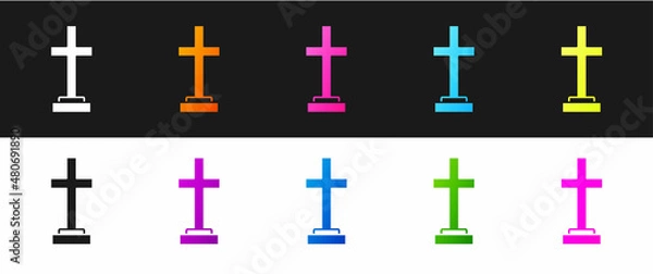 Fototapeta Set Grave with cross icon isolated on black and white background. Vector
