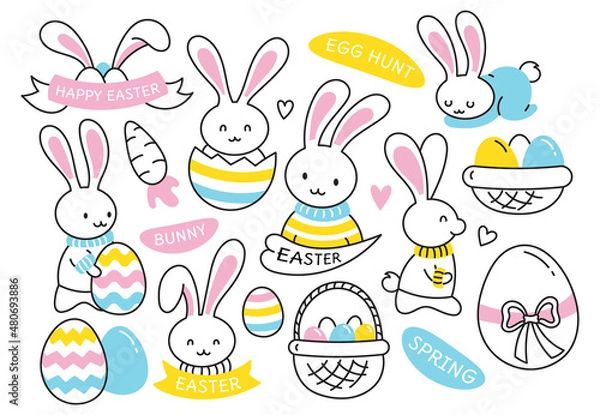 Fototapeta Easter and cute kawaii Easter bunnies, hares. Eggs and Happy Easter greetings. Egg hunt. The stickers are isolated on a white background. Doodle, cartoon, characters.
