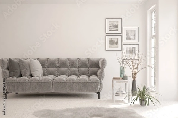 Obraz White living room with sofa. Scandinavian interior design. 3D illustration
