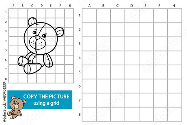 Fototapeta Vector illustration of grid copy picture educational puzzle game with doodle bear