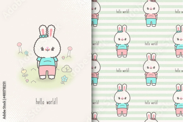 Obraz easter card with bunny and seamless pattern