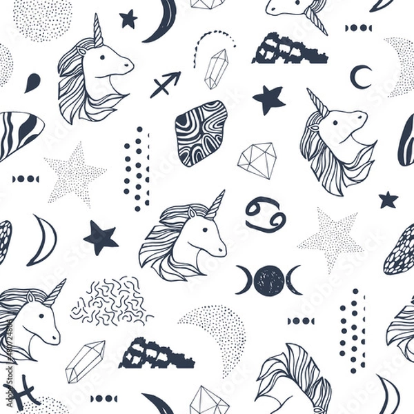 Fototapeta Seamless pattern with unicorns and magic items.