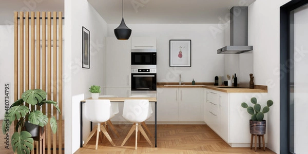 Fototapeta rendu 3d cuisine blanche avec petite table