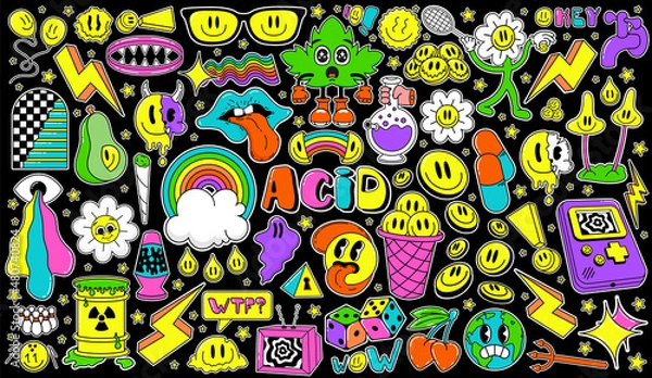 Obraz Psychedelic trippy large pack, Acid abstract characters and objects. In a cartoon style, a set of bright psychedelics, all elements are isolated