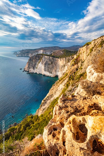 Fototapeta Zakynthos in Greece, Keri cliffs and Ionian sea at sunset