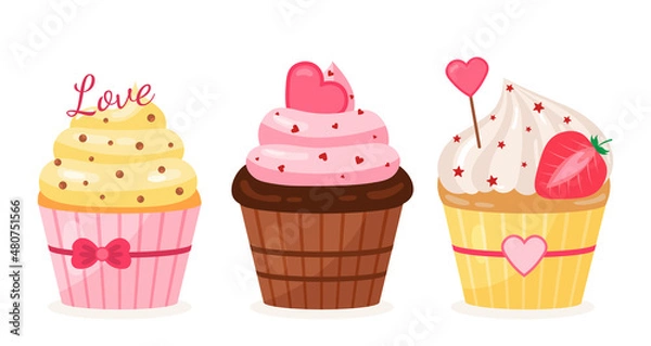 Obraz Set of beautiful celebratory cupcakes. Little delicious cupcakes and muffins. Vector illustration design