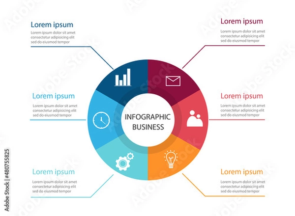Fototapeta Infographics design template with circular sign design. Successful Business Ideas. 6-step function icon and description. Vector illustrations in flat design.