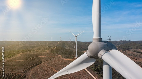 Obraz Aerial view wind turbine eco friendly renewable energy concept on Portuguese mountains background.