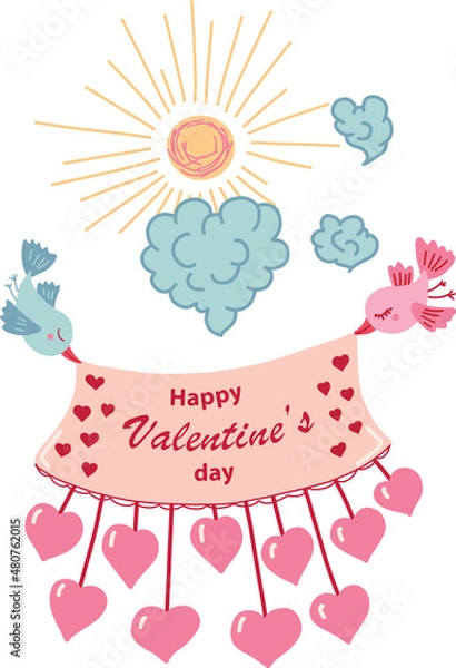 Fototapeta Flying birds in the sky hold a banner with the inscription happy Valentine's Day with hearts.