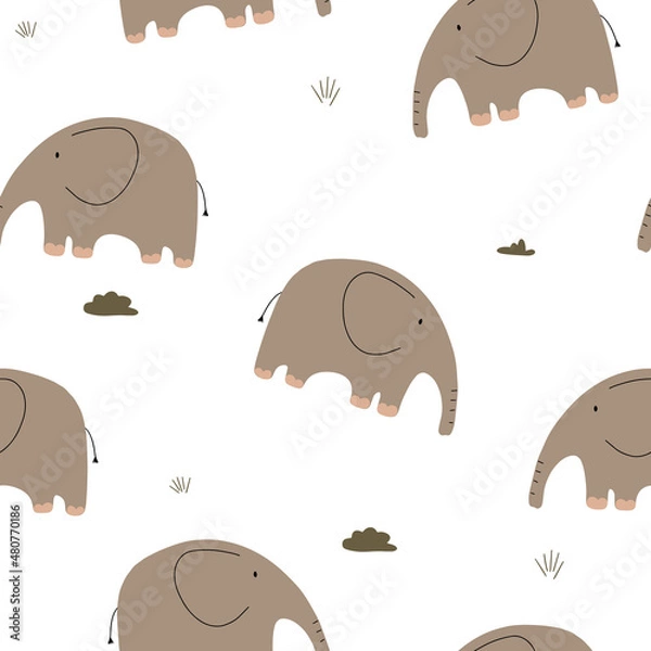 Obraz Vector seamless repeating color hand-drawn baby pattern with cute animals on a white background. Pattern for kids with elephants. Cute baby animals