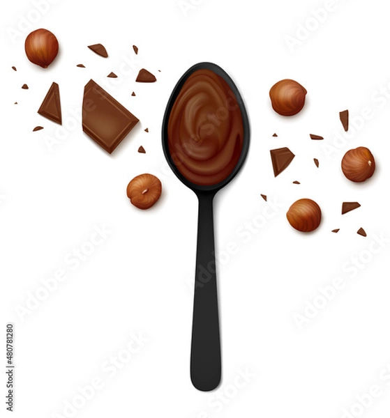 Fototapeta Black spoon of hazelnut cocoa spread, scattered filbert kernels, chocolate pieces and chunks isolated on white background. Top view. Realistic vector illustration.