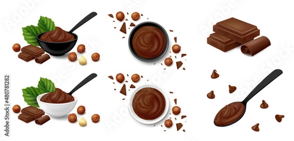 Fototapeta Hazelnut cocoa spread in black or white bowl, filbert kernels, hazel leaves, chocolate pieces, chips and chunks, two blocks of bar with curl, paste in spoon. Realistic vector illustration.