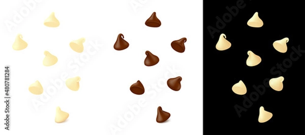 Fototapeta Falling down milk and white chocolate chips. Realistic vector illustration. 