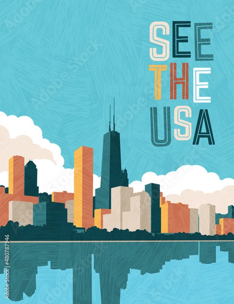 Fototapeta Szablon projektu plakatu podróżniczego USA. Panoramę Chicago nad jeziorem Michigan. Ilustracja wektorowa bezpłatna gradientu.