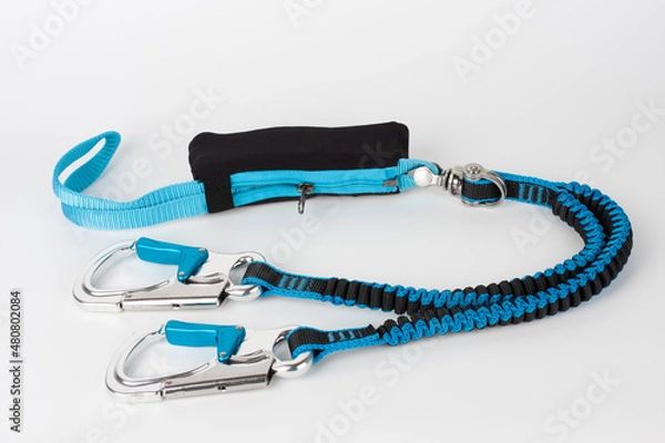 Fototapeta Via ferrata set, one touch carabiners, elastic safety branches with strap fall absorber