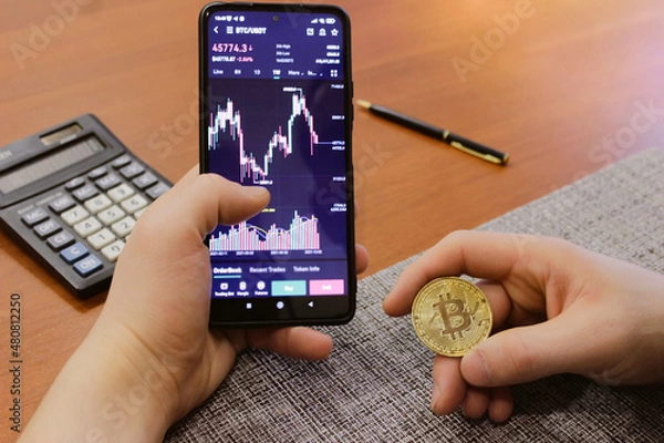 Fototapeta Physical bitcoin coin on the phone screen on the background of the Euro banknotes. Green arrow of the price growth chart