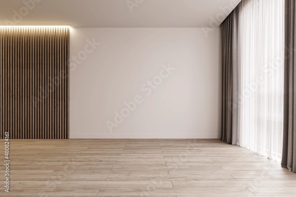 Fototapeta Modern interior design empty room mock-up with big window and illuminated wooden slats, 3d rendering