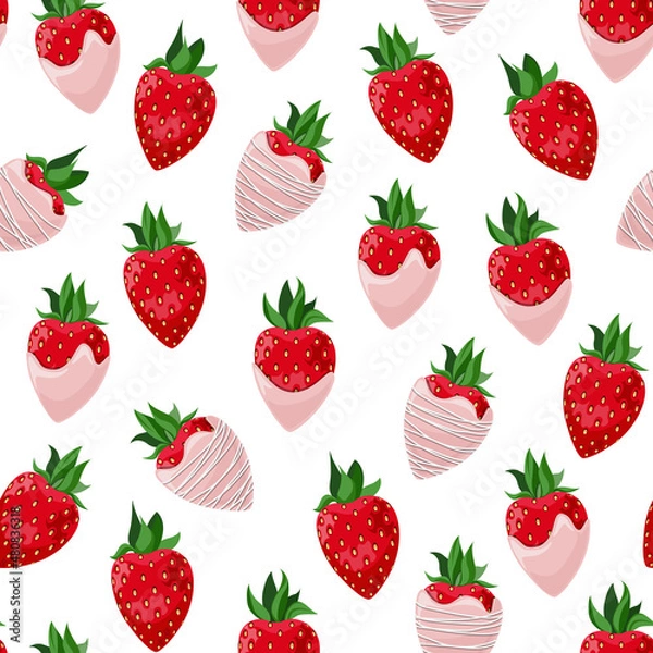 Fototapeta Vector seamless pattern of strawberries in pink chocolate isolated on white background.