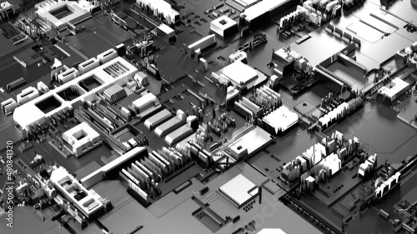 Fototapeta Futuristic style circuit board concept 3d render in black and white
