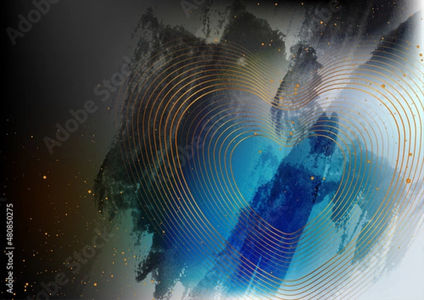 Fototapeta Golden hearts and grunge watercolor blots abstract background. Valentines Day greeting card design. Vector illustration