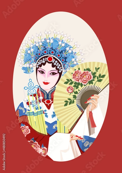 Fototapeta Red picture frame and beautiful female illustration of ancient Chinese opera