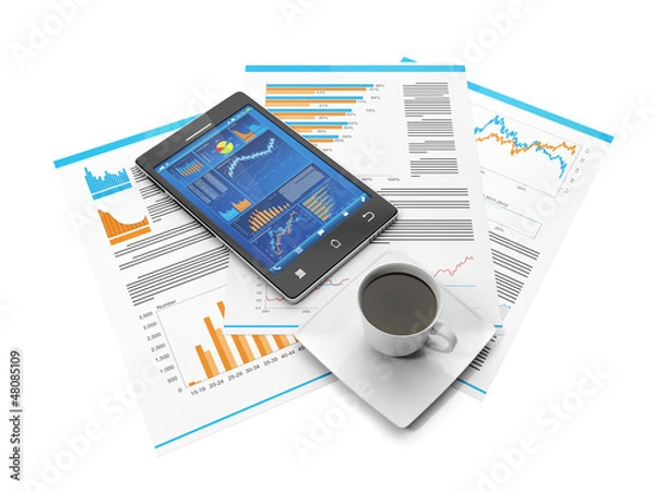 Obraz Business Statistics on your mobile phone. Mobile phone and busin