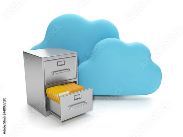 Obraz Cloud computing, data storage on servers. Box with documents and