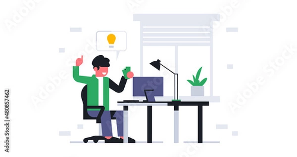 Obraz A male office worker got the idea to order food. Online ordering food to the office. Lunch break at work, time to eat. Workplace interior, work table, lamp, light. Vector illustration