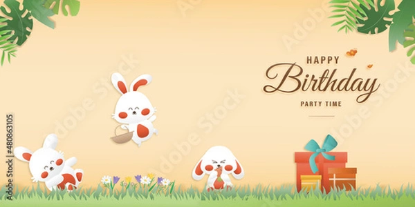Fototapeta Cute birthday greeting card with gift box. three rabbits are smiling. Templates for making banner advertise. paper and papercraft Style.