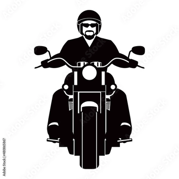 Obraz Motorcyclist icon. Silhouette frontal classic biker on a large motorcycle. Vector graphics