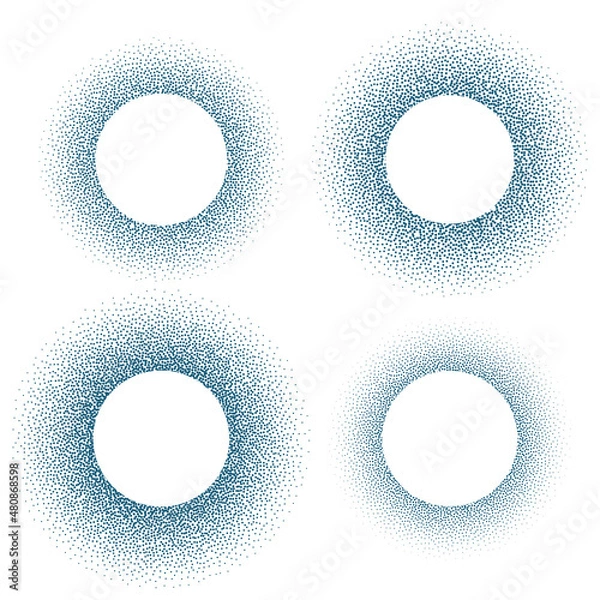 Fototapeta Halftone circle frames set with black random dots, logo emblem design element for technology, medical, treatment, cosmetic. Border with empty space for your text, round shape. Vector illustration