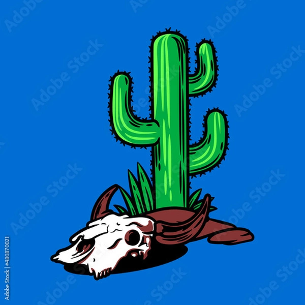 Fototapeta Cartoon Bull Skull and Cactus Vector