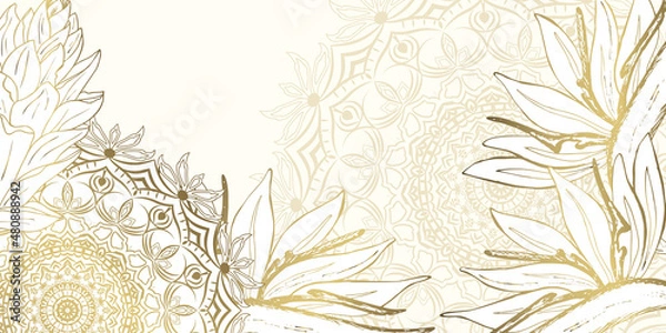 Obraz  Luxurious tropical flowers and mandala. Background vector with gold metallic decor. Golden tropical flowers line design for wallpaper, wall art, fabric, prints and background texture.