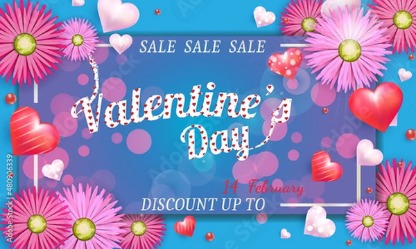 Fototapeta Holiday Model of greeting card for valentine's day with  hearts and flowers . Vector Illustration