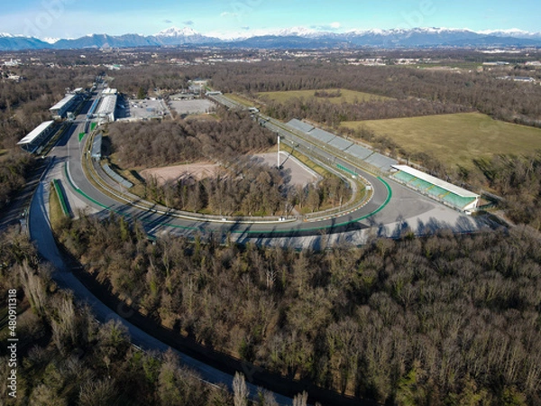 Obraz Aerial view of Autodromo Nazionale Monza, a race track near the city of Monza in Italy, north of Milan. Venue of the Formula 1 Grand Prix. From the air, drone photography.